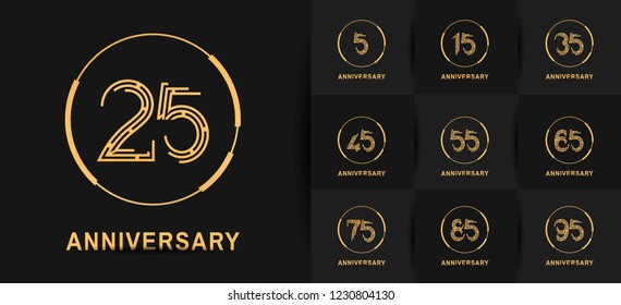 set of anniversary emblems golden color with ring for booklet, leaflet,invitation card, magazine, poster, web, greeting card of celebration event