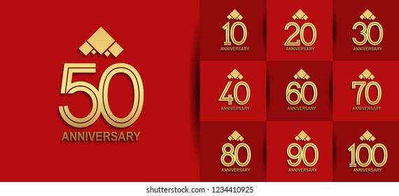 set of anniversary emblems with golden color and crown isolated on red background for celebration
