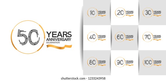 set of anniversary emblems with golden ring and ribbon for celebration