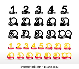Set of Anniversary emblems pictogram icon. Anniversary template design for web, creative poster, game, flyer, booklet, leaflet, magazine, invitation card. Vector illustration. Isolated on background.