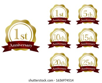 Set of anniversary emblems with red ribbons.