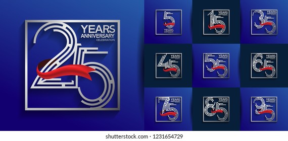 set of anniversary emblems silver color red ribbon in square isolated on blue background
