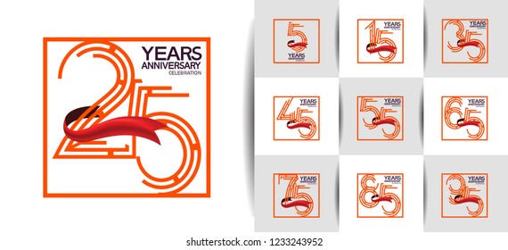 set of anniversary emblems with square and red ribbon orange color for celebration moment