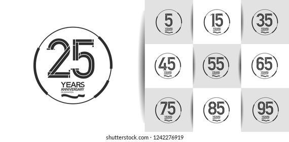 set of anniversary flat black color with ring and ribbon on white background for celebration