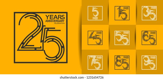 set of anniversary flat black and white color inside square for celebration isolated on yellow background