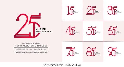 conjunto de aniversario de color rojo y negro plano con fondo de color suave para un evento especial de celebración