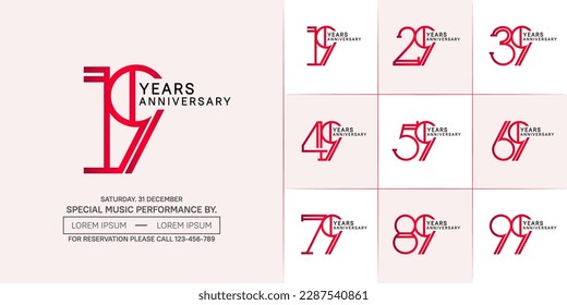 conjunto de aniversario de color rojo y negro plano con fondo de color suave para un evento especial de celebración