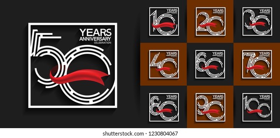 set of anniversary flat white color and red ribbon in square for booklet, leaflet,invitation card, magazine, poster, web, greeting card of celebration event