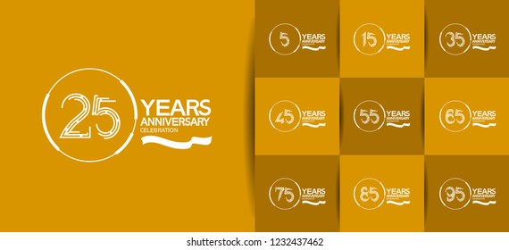set of anniversary flat white color with ring and ribbon in yellow background