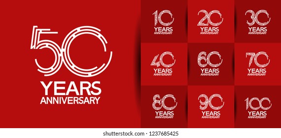 set of anniversary flat white color on red background for celebration