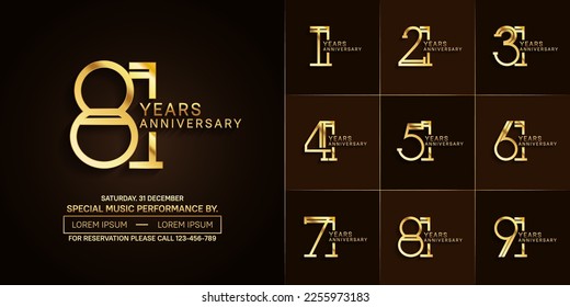 set of anniversary glossy golden color with brown background for special celebration event