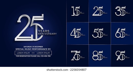 set of anniversary glossy silver color with blue background for special celebration event