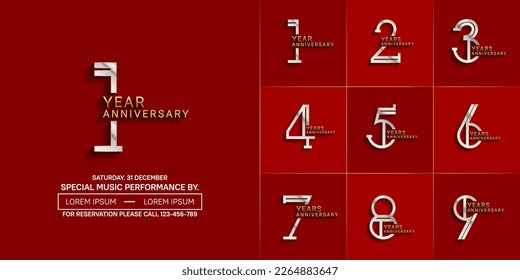 set of anniversary glossy silver and gold color with red background for special celebration event