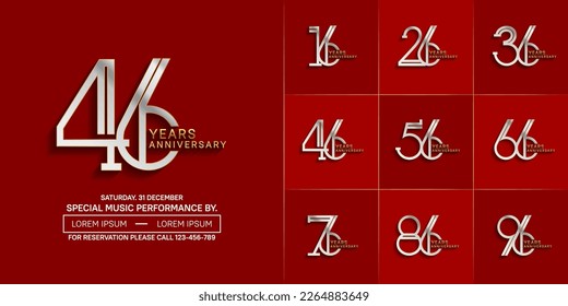 set of anniversary glossy silver and gold color with red background for special celebration event