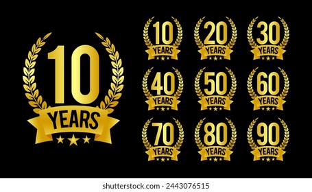 Set of anniversary gold logotype. Golden anniversary celebration emblem design for booklet, leaflet, magazine, brochure poster, web, invitation or greeting card