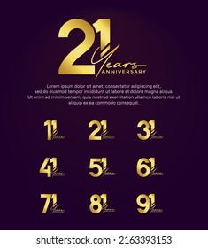 set anniversary golden color logotype style with hand lettering on purple background