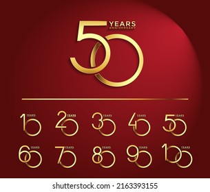 set anniversary golden color logotype style with overlapping number on red background