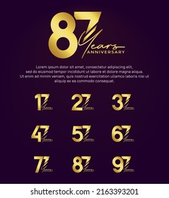 set anniversary golden color logotype style with hand lettering on purple background