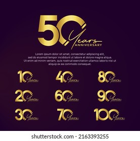 set anniversary golden color logotype style with hand lettering on purple background