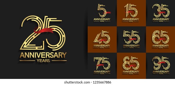 set of anniversary with golden color and red ribbon for celebration event