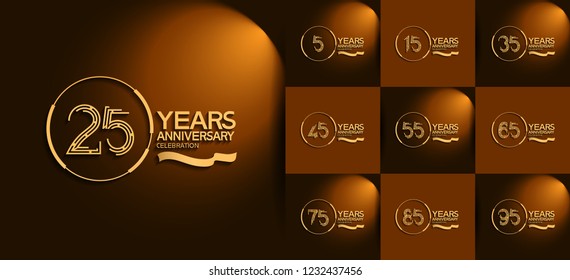 set of anniversary golden logotype with ring and ribbon for company celebration