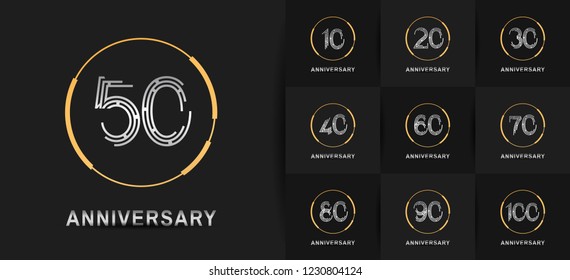 set of anniversary golden and silver color with ring for booklet, leaflet,invitation card, magazine, poster, web, greeting card of celebration event