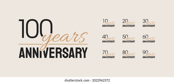 Set of anniversary icons. Decades logotype celebration. 10, 20, 30, 40, 50, 60, 70, 80, 90, 100. Vector illustration