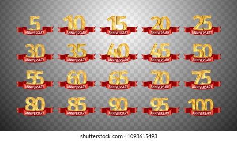 Set of anniversary isolated numbers on transparent background. 5, 10, 15, 20, 25, 30,35, 40, 45, 50, 55, 60, 65, 70, 75, 80, 85, 90, 95, 100 golden years with red ribbons jubilee template