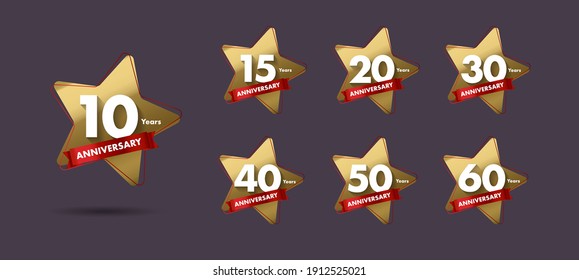 Set of anniversary labels or tags with golden star shape and red ribbon for different years, isolated
