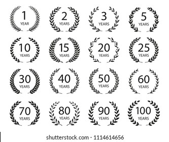 Set of anniversary laurel wreaths. Black and white anniversary symbols isolated on black background. 1,2,3,5,10,15,20,25,30,40,50,60,70,80,90,100 years. Template for award and congratulation design. 