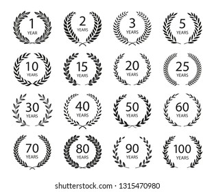 Set of anniversary laurel wreaths. Black and white anniversary symbols isolated on black background. 1,2,3,5, 10,15, 20, 25,30,40,50,60,70,80,90,100 years. Template for award and congratulation design