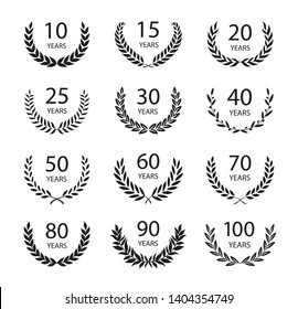 Set of anniversary laurel wreaths. Black and white anniversary symbols isolated on black background. 10,15, 20, 25, 30, 40, 50, 60,70, 80, 90, 100 years. Template for award and congratulation design. 