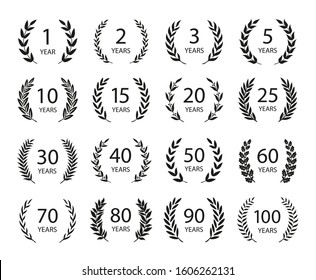 Set of anniversary laurel wreaths. Black and white anniversary symbols. 1,2,3, 5,10,15,20,25, 30,40,50,60,70,80,90,100 years. Template for award and congratulation design. Vector illustration.