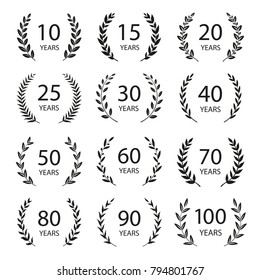 Set of anniversary laurel wreaths. Black and white anniversary symbols isolated on black background. 10, 15, 20, 25, 30,40,50,60,70,80,90, 100 years. Template for award and congratulation design. 