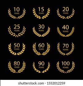 Set of anniversary laurel wreaths. Gold anniversary symbols isolated on black background. 10, 15, 20, 25, 30,40,50,60,70,80,90, 100 years. Template for award and congratulation design. 