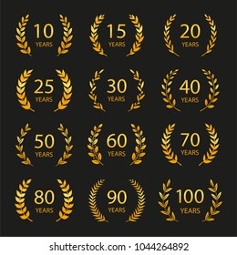 Set of anniversary laurel wreaths. Golden anniversary symbols isolated on black background 10,15,20,25, 30,40,50,60,70,80,90,100 years. Template for award and congratulation design Vector illustration