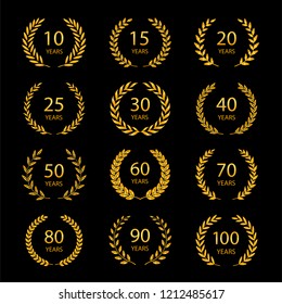 Set of anniversary laurel wreaths, Golden anniversary symbols isolated on black background.10,15,20,25,30,40,50,60,70,80,90,100 years. Template for award and congratulation design. Vector illustration