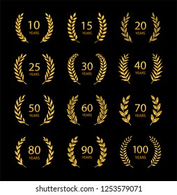 Set of anniversary laurel wreaths. Golden anniversary symbols isolated on black background. 10, 15, 20, 25, 30, 40, 50, 60, 70, 80, 90, 100 years. Template for award and congratulation design. 