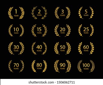 Set of anniversary laurel wreaths. Golden anniversary symbols isolated on black background.
1,2,3,5,10,15,20,25,30,40,50,60,70,80,90,100 years. Template for award and congratulation design. 