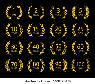 Set of anniversary laurel wreaths. Golden anniversary symbols on black background. 1,2,3,5,10,15,20,25, 30,40,50,60,70,80,90,100 years.Template for award and congratulation design Vector illustration