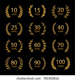 Set of anniversary laurel wreaths. Golden anniversary symbols isolated on black background. 10, 15, 20, 25, 30, 40, 50, 60, 70, 80, 90, 100 years. Template for award and congratulation design. 