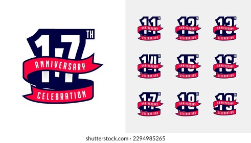 Set of anniversary logo. 11, 12, 13, 14, 15, 16, 17, 18, 19, number symbol collections. Birthday numbers for celebration moment, greeting card, party invitation