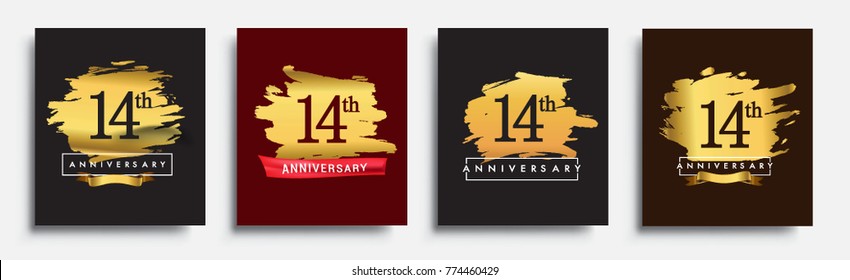 Set of Anniversary logo, 14th anniversary template design on golden brush background, vector design for greeting card and invitation card, Birthday celebration