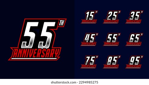 Set of anniversary logo. 15, 25, 35, 45, 55, 65, 75, 85, 95, number symbol collections. Birthday celebration logo with sport or automotive concept