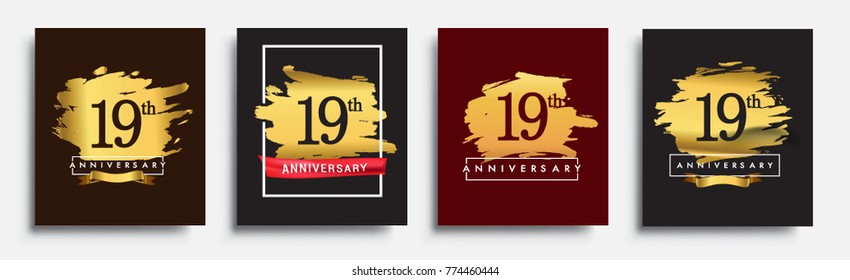 Set of Anniversary logo, 19th anniversary template design on golden brush background, vector design for greeting card and invitation card, Birthday celebration