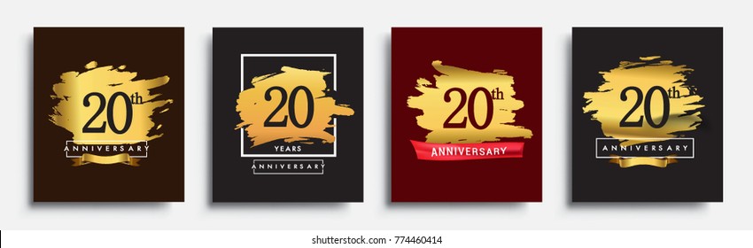 Set of Anniversary logo, 20th anniversary template design on golden brush background, vector design for greeting card and invitation card, Birthday celebration