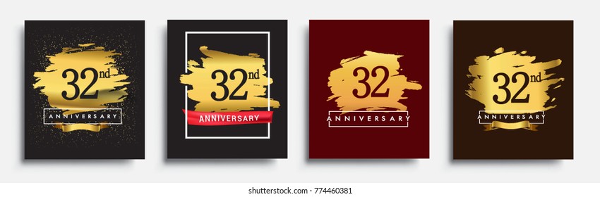 Set of Anniversary logo, 32nd anniversary template design on golden brush background, vector design for greeting card and invitation card, Birthday celebration