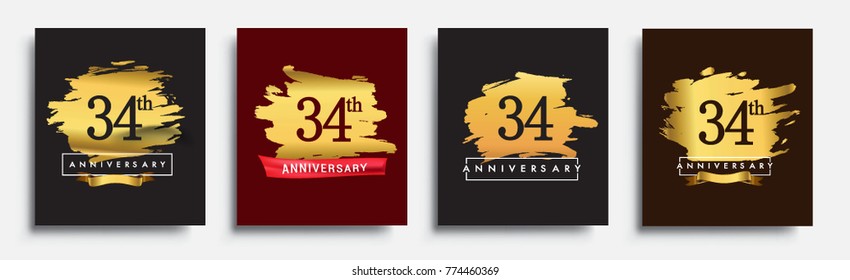 Set of Anniversary logo, 34th anniversary template design on golden brush background, vector design for greeting card and invitation card, Birthday celebration