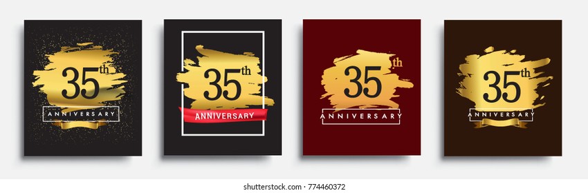 Set of Anniversary logo, 35th anniversary template design on golden brush background, vector design for greeting card and invitation card, Birthday celebration