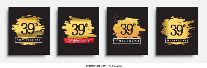 Set of Anniversary logo, 39th anniversary template design on golden brush background, vector design for greeting card and invitation card, Birthday celebration